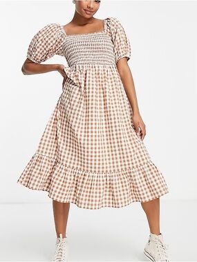 ASOS Beige and White Gingham Smocked Midi Dress